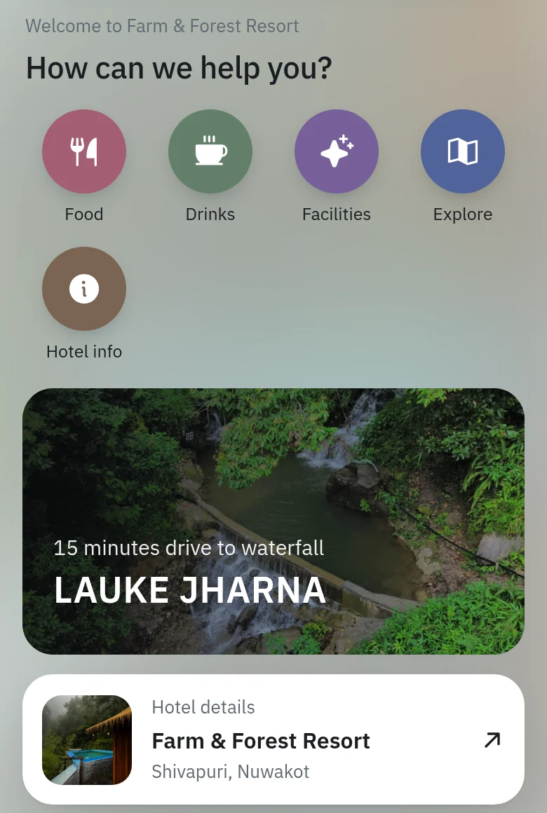 Farm & Forest's guest page on a phone: tiles for food, drinks, facilities, places to explore and hotel info, a photo card for Lauke Jharna waterfall 15 minutes away, and the resort's details
