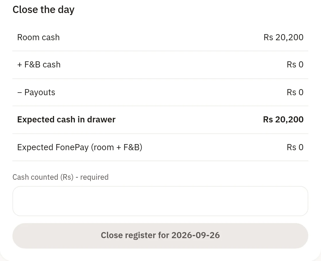 Closing the day: room cash, F&B cash and payouts add up to the cash expected in the drawer