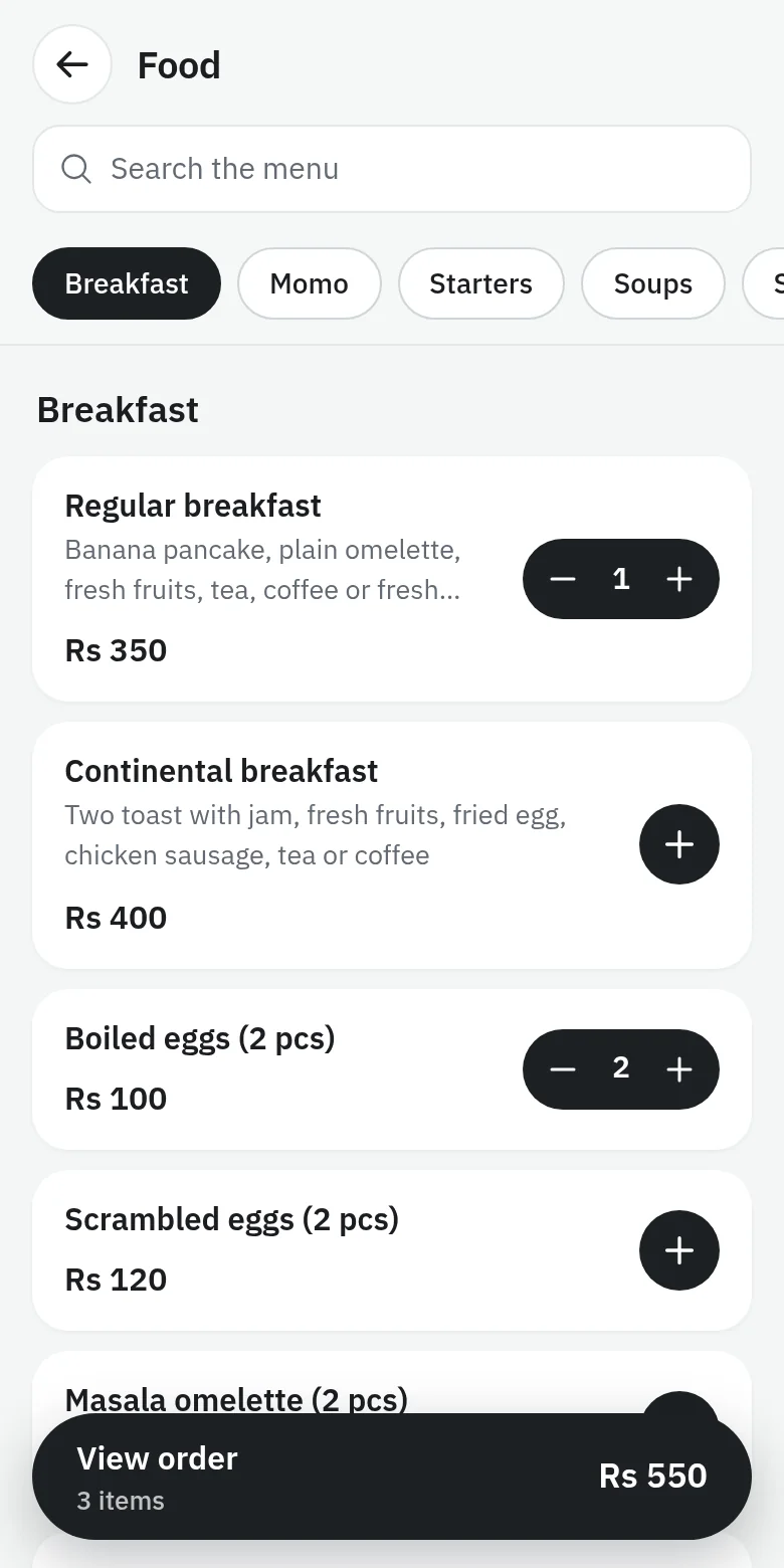 The guest's menu on a phone, with dishes added and a View order bar showing the total