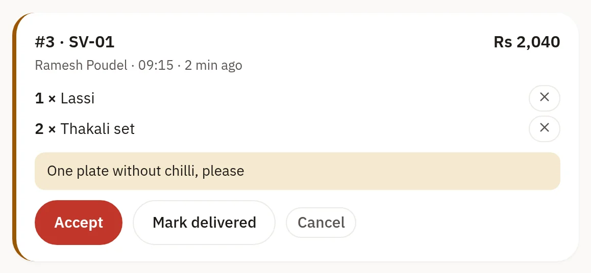 A new room-service order on the staff Orders screen: two Thakali sets and a lassi, with the guest's note and Accept, Mark delivered and Cancel buttons