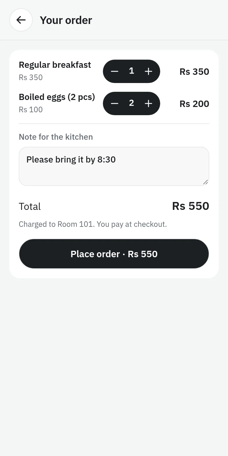 The guest's order screen: the cart with a note for the kitchen, and the room it will be charged to